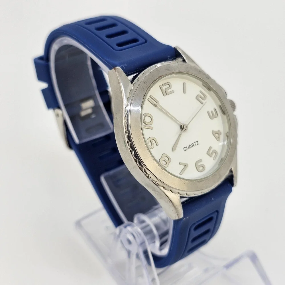 Men's Watch Analog 38MM White Dial Blue Plastic Bands‎ New Battery